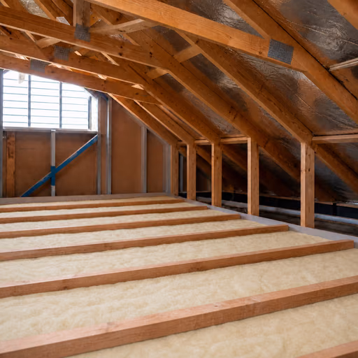 The same roof cavity visualised with ceiling insulation fitted between the horizontal joists