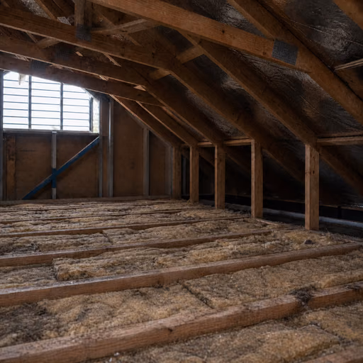Neglected roof space with dirty, compressed and patchy old ceiling insulation
