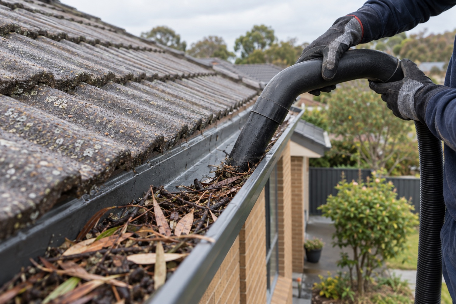 Gutter vacuum clearing wet eucalyptus leaves from a Melbourne tiled roof